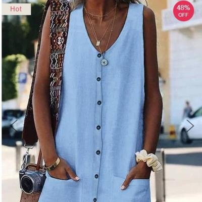 China FanLi Anti-Static Women's Summer Fashion Cotton and Solid Color Pocket Canvas Button Dress Vest Sleeveless Casual Outfits for sale