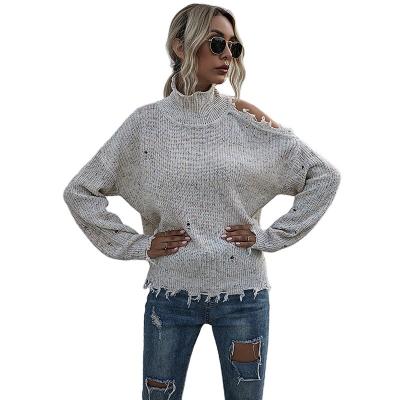 China FanLi Anti-wrinkle Women Plus Size Loose -Shoulder Ripped High-Neck Solid Color Long Sleeve Knitted Sweater for sale