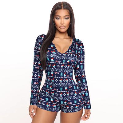 China FanLi Button Sleepwear Women Jumpsuit Long Sleeve V-Neck Bodycon Stretch QUICK DRY Deep Crop Christmas Romper Onesie Top Women Pajamas for sale