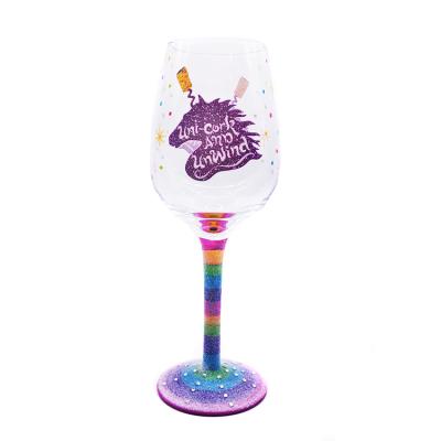 China Sustainable Unicorn Red Wine Glass With Hand Painted Color Sprinkle Powder Background for sale