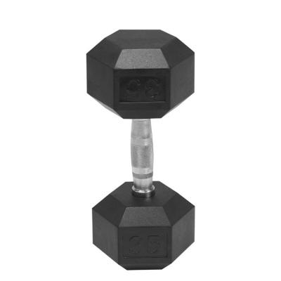 China Universal Wholesale Fitness Exercise Tasteless 25 Kg Hex Rubber Coated Dumbbells for sale