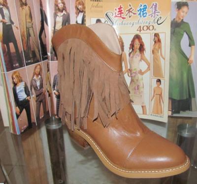 China 2014 western wear genuine leather tassels ankle boots, cowboy style Wooden Heel short boot for sale