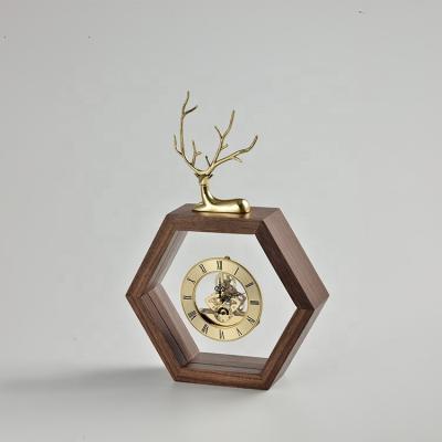 China Hexagon Antique Creative Walnut Style Art Wooden Golden Clock for Desk for sale