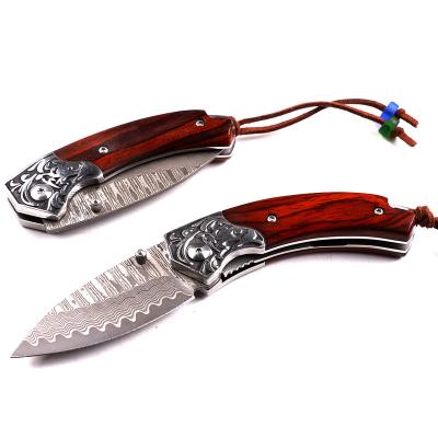 China Easy Carry High Quality Damascus Folding Pocket Knife Collection Knife With Yellow Sandal Wood Handle for sale