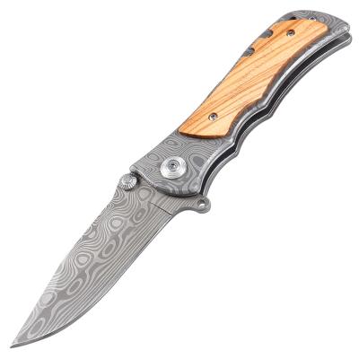 China Easy Carry Wooden Handle Folding Pocket Knife EDC Knife With Damascus Laser Pattern Surface for sale