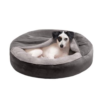 China Snuggery Sustainable Round Cuddler Nest Cat Bed Orthopedic Calming Hooded Donut Dog Bed Pet Beds For Dog Cat for sale