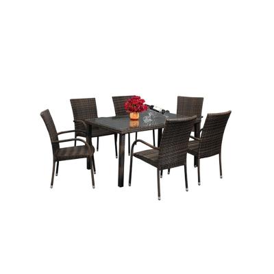 China Garden Set Stacking Classic Outdoor Dining Furniture Rectangle Wicker 6 Chairs Rattan Glass Table Set for sale