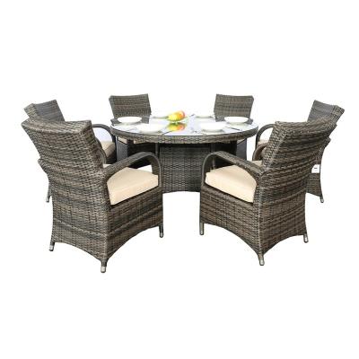 China Popular Weather Outdoor Furniture Garden Rattan Wicker Table Chinese Dining Table And Chair Furniture Set 6 Chairs Glass for sale