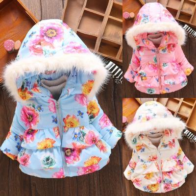 China Polyester/Cotton Newborn Baby Down Jacket Girls Cotton Print Coats Faux Fur Hat Jackets Hooded Winter Children Warm Infant Clothes for sale