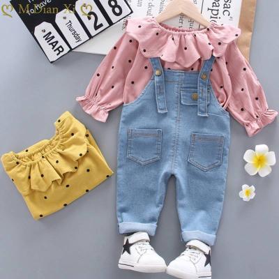 China Pants Baby Clothes Polka Dot Lace Shirt Girl Clothes Fashion Denim Overall Two Piece Suit Autumn New Girls Denim Overalls Set for sale