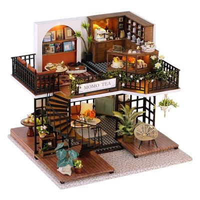 China Furniture Toys Set Miniature Toys Forest Teashop Wholesale 1to24 Wooden Amazon Miniature Puzzle Hot DIY Toys Dollhouse Kit for sale