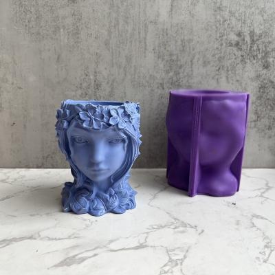 China BESGEN Little Girl Human Face Viable Three-Dimensional Silicone Candlestick Concrete Planter Flower Pot Molds For Concrete Planters for sale