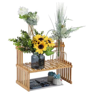 China 2 tier plant modern natural bamboo tabletop flower stand for home decoration for sale