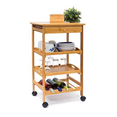 China Custom Kitchen Solid Wood Bamboo Rolling Serving Cart with Wheels, Drawers and 2 Removable Trays for sale