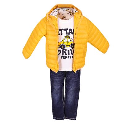 China Best Selling Casual Classy Color Brillian Boy's Jacket Three Piece Set Including T-shirts and Pants for sale