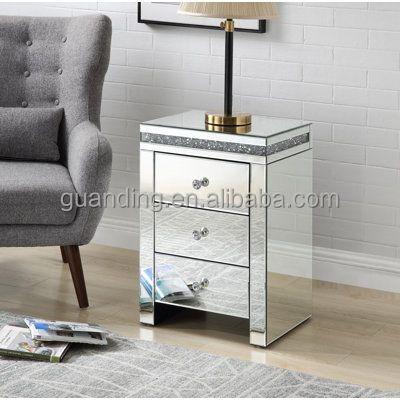 China Best Selling Faux Crystal Diamond Mirrored 3 Drawer Contemporary Mirrored 3 Drawer Nightstand Bedside Table Lamp Table for sale