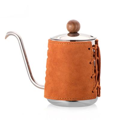 China Diguo Viable Hot Sale 350ml 12Oz Orange Leather Wrapped Stainless Steel Coffee Kettle Gooseneck Pour Over Kettle for sale