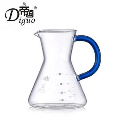 China Diguo 500ml 17Oz Pyrex Tea Coffee Maker Slice Viable Glass Jar With Blue Glass Handle For Coffee And Tea for sale