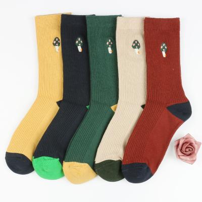 China New products QUICK DRY double needles slouch socks fashion mushroom pattern embroidery socks for women girls for sale