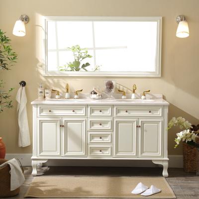 China 61 traditional in. W X 22 in. D X 35 in. H Bath Vanity in White with Carrera Marble Vanity Top in White with Bathroom Vanity Double Sink for sale