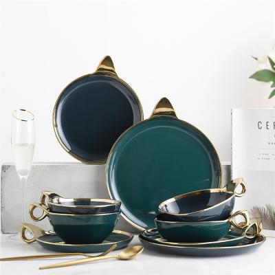 China Viable Latest Design 9 Pcs Dinnerware Ceramic Pizza Pasta Dinner Plate Set Porcelain Dark Green European Dinner Set With Gold Ring for sale