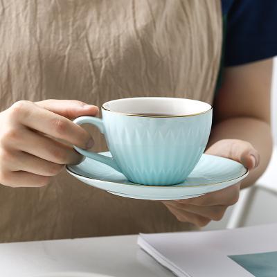 China Sustainable Custom Colors Drinkware Nordic Ceramic Sky Blue Coffee Tea Cups And Saucers With Gold Rim for sale