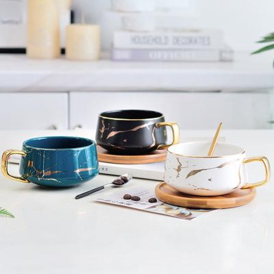 China Viable royal style dark green white black luxury tea cup marble ceramic coffee cups with wooden saucer for sale