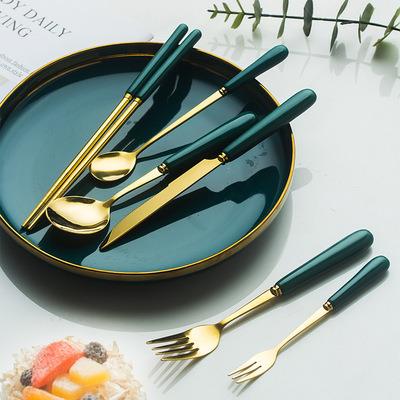 China Sustainable Restaurant Used Eco Friendly Flatware Dark Green Gold Handle Cutlery Set / Stainless Steel Chopsticks Knife Spoon And Fork Set for sale