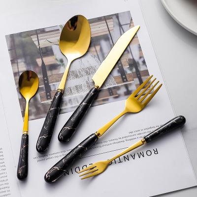 China Customized Western Restaurant Viable 5 Pieces Knife Marble Spoon Metal Forks Nordic Stainless Steel Cutlery Set With Marble Handle for sale