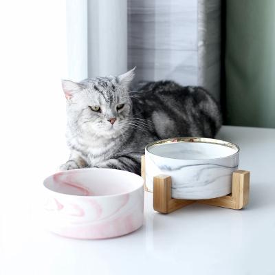 China Good Quality Stored Easy Clean Marble Raised Cat Pet Feeding Bowl Double Ceramic Pet Bowls for sale