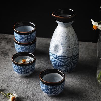 China Modern Home Bar Use 5pcs Waves Pattern Ceramic Japanese Sake Cup Porcelain Porcelain Sake Set for sale