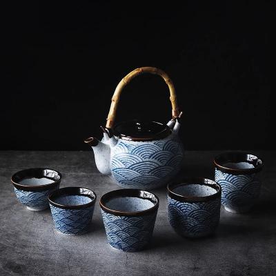 China Vintage Style Drinkware Stocked Tea Cups Blue White Japanese Ceramic Porcelain Teapot Tea Set For Home for sale