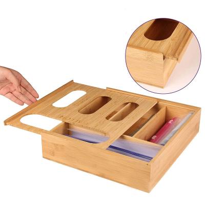 China Wood Baggie Holder Plastic Bag Storage Drawer Sustainable Bamboo Sachet Organizer Wooden Ziplock Organizer for sale