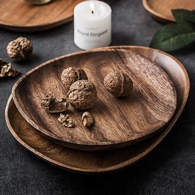 China Sustainable Wooden Round Tea Fruit Round Fruit Sushi Nuts Tray Snack Solid Food Divide Rectangular Wooden Dish for sale