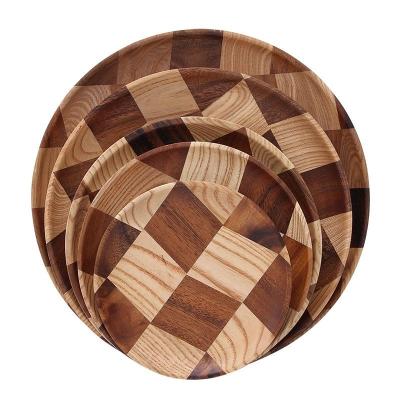 China Wholesale Sustainable Reusable Wood Fruit Cake Acacia Round Household Fiber Pallet Wood Pallet Dinner Dish for sale