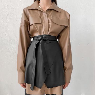 China Sustainable Women Fashion PU Solid Color Bandage Leather Waist Skirt for sale