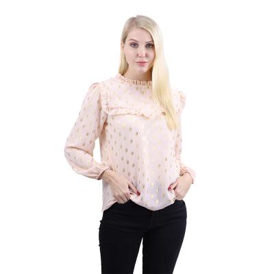 China OEM breathable elegant apparel foil polka dot printed frill trim lantern sleeve blouses women casual tops for sale