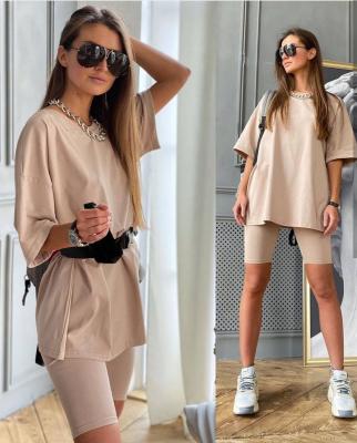 China Breathable Women Set O Neck Loose Short Sleeve Top Shirt And Shorts Sets Ladies Sweat Suits for sale