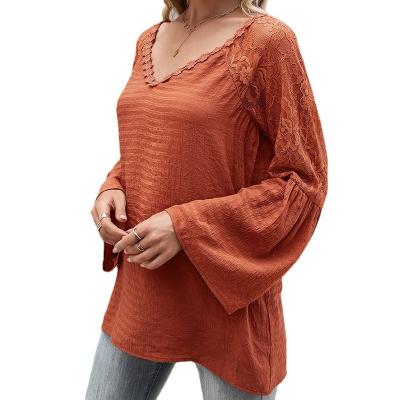 China Amazon ebay breathable European American women's sheer color patchwork lace 2021 hollow out v-neck long sleeve blouse femme for sale