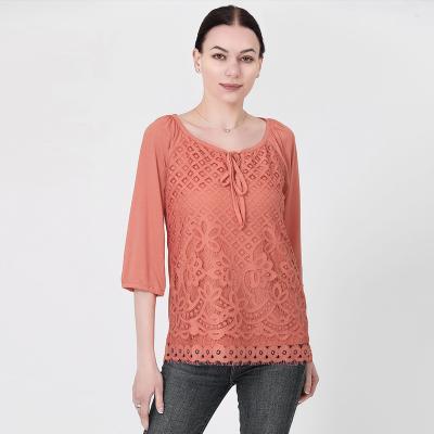 China Plus Size Fashion Women's Casual Women's Terra Cotta Lace Floral Half Sleeve Tops Ladies Summer Clothing Sweater for sale