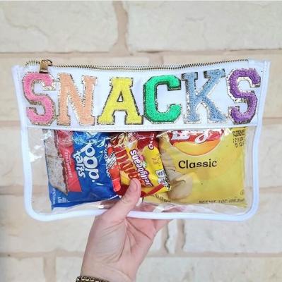 China 2022 Clear Chenille Casual Patches PVC Toiletry Bag Waterproof Flat Transparent Cosmetic Chenille Patches Clear Letters Makeup Pouch for sale