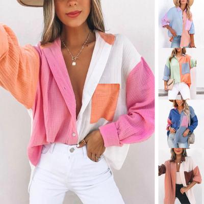 China 2022 Wholesale Hot Selling Color Block Women's Casual Oversized Breathable Shirt For Autumn Spring Shacket for sale