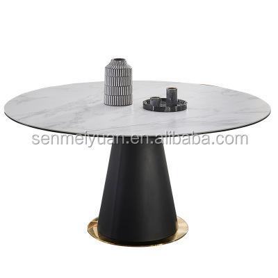 China Home Furniture Simple Design Dining Room Furniture Nordic Industrial Modern Metal Base Chipboard/Oval Top Rock Stone To Turn Extendable Dining Table for sale