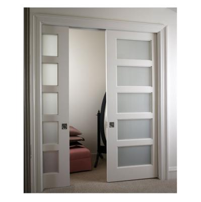 China Modern Interior Double Sliding Pocket French Doors Frosted Glass 5 Lites For Bedroom / Bathroom for sale