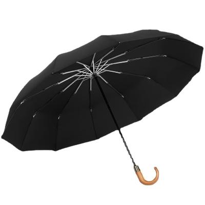 China Contemporary Triple Umbrella Folding Automatic Umbrella With Curved Handle 12 Wood Bone Anti-strong Wind Increased Umbrella Surface for sale