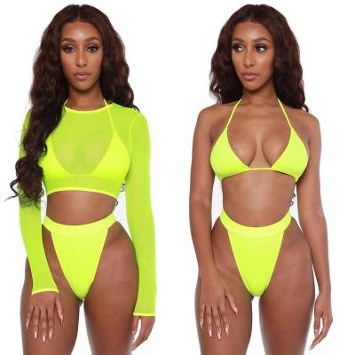 China 2020 Breathable Custom 3 Pieces Women's Swimsuit High Waisted Mesh Swimsuit Swimwear Sexy Bikini Long Sleeve for sale