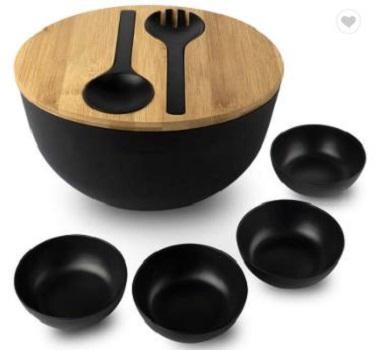 China Sustainable Round Bamboo Wooden Salad Bowl Fruit Bowl Set With Wooden Lip Spoons And Forks for sale