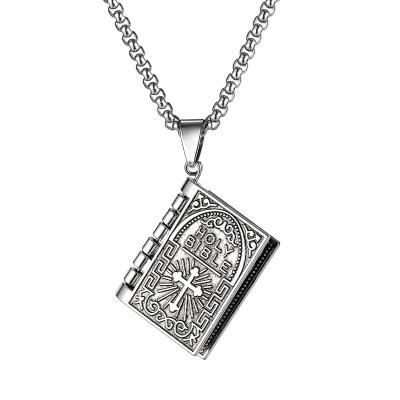 China Retro Vintage Style Stainless Steel Exquisite Holy Bible Book Pendant Religious Cross Necklace for sale