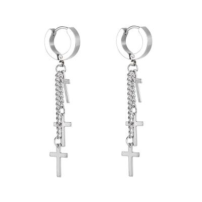 China 2022 Hiphop Wholesale Hip Hop Jewelry Stainless Steel Cross Tassel Statement Earrings Long for sale