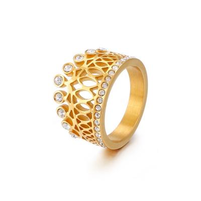 China Newest Design Stainless Steel Ring Gold Diamond With Hollow Crown Bands Stainless Steel Ring For Women for sale